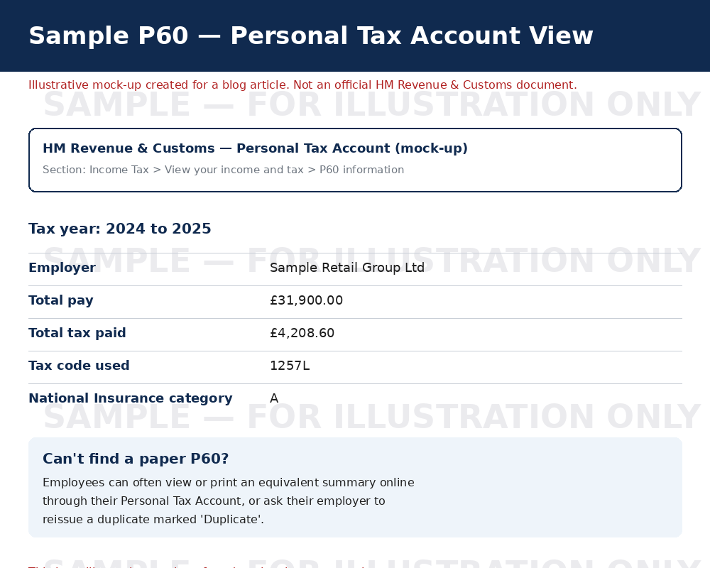 Illustrative sample of a P60 style pay and tax summary as it might appear in an online personal tax account, marked as a sample for illustration only
